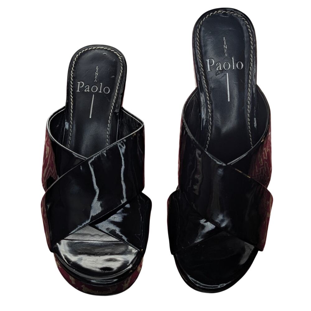 Linea Paolo Black Patent Leather Cutout Wedge Slides Avant Garde Womens 7.5 M